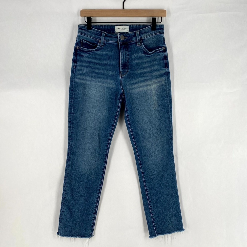 Evereve The Ever Straight Jeans Womens 28x26 Blue‎ Denim Cotton Stretch Raw Hem